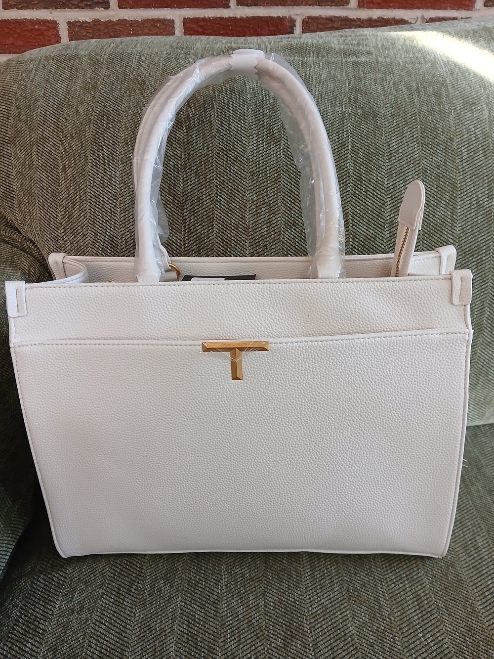 Tahari Delan04 Box Tote White Leather Top-Handle Tote with Gold Accent